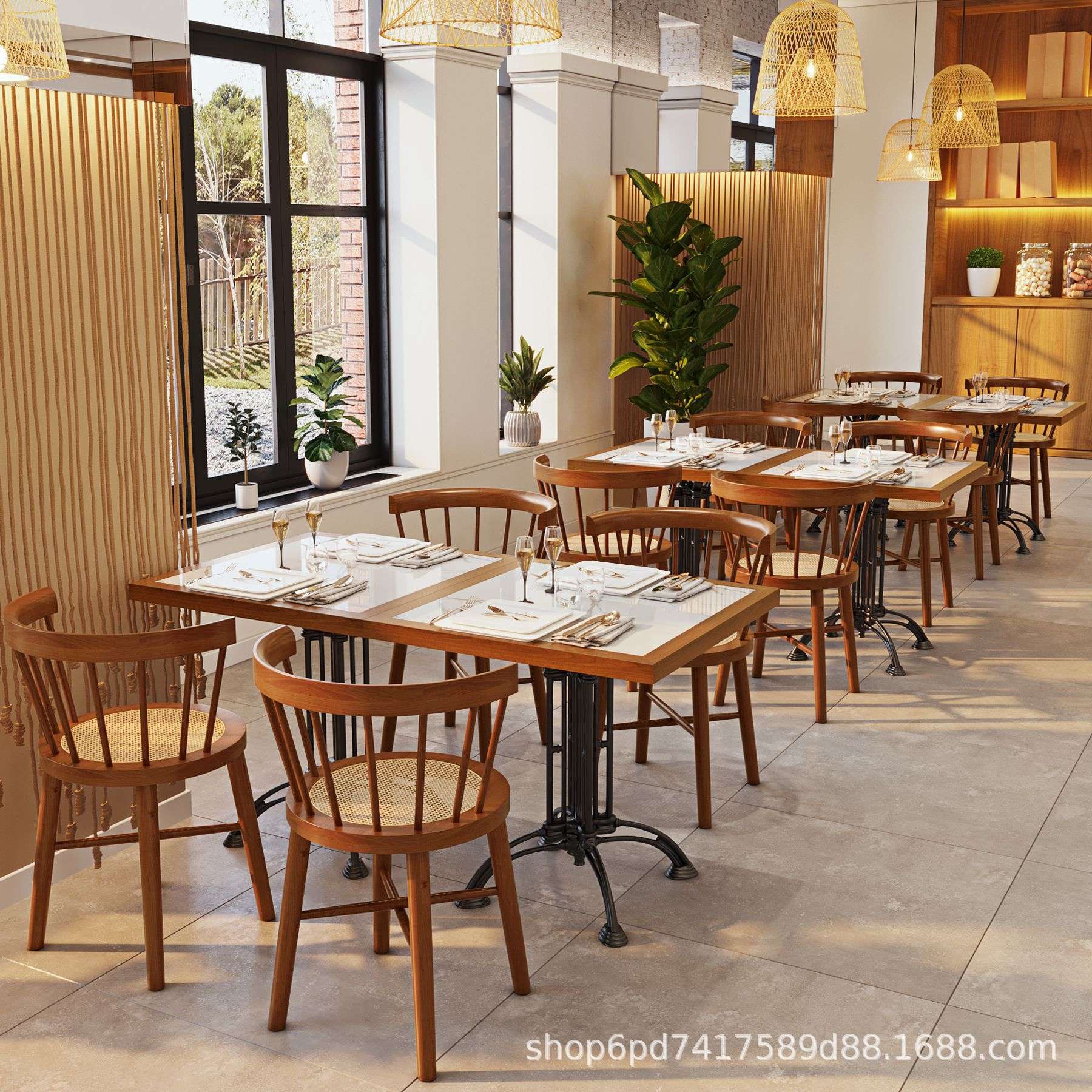 复古风美式咖啡厅桌椅组合餐厅洽谈甜品小吃奶茶店实木藤编餐椅