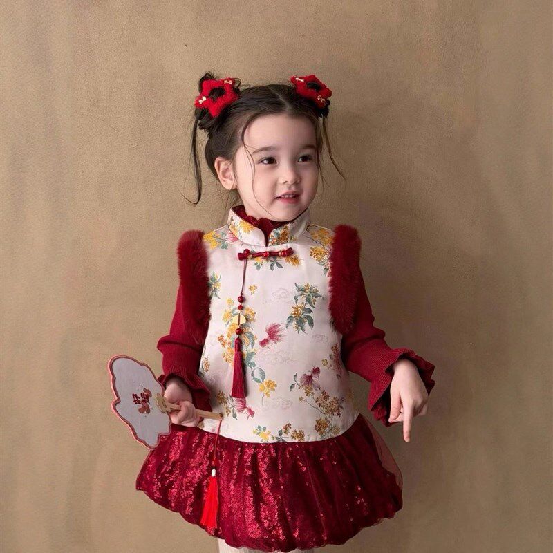 女童汉服洋装冬装儿童国风夹棉旗袍唐装宝宝周岁礼服拜年服冬季