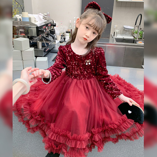 女童洋装秋冬2023新款洋派儿童亮片丝绒公主裙女孩红色礼服裙子