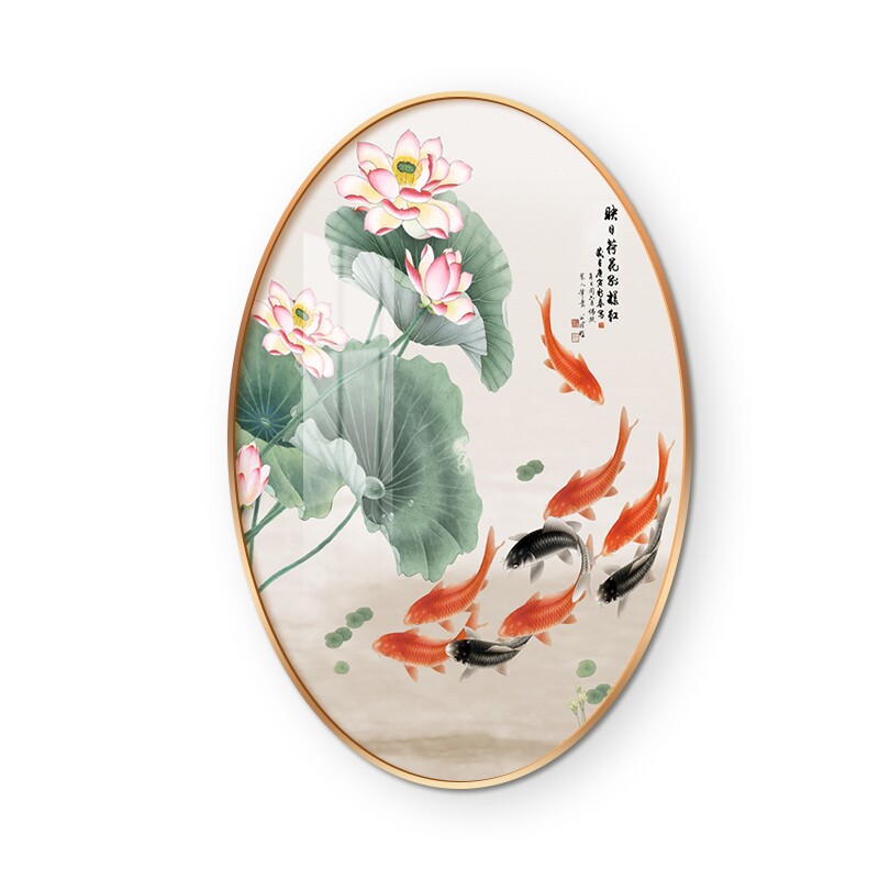 椭圆形新中式入户玄关装饰画荷花走廊竖版进门壁画客厅餐厅挂画