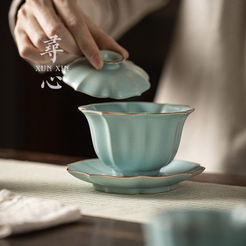 寻心汝窑莲花盖碗天青三才泡茶碗套装带盖单个手工陶瓷茶具敬茶碗