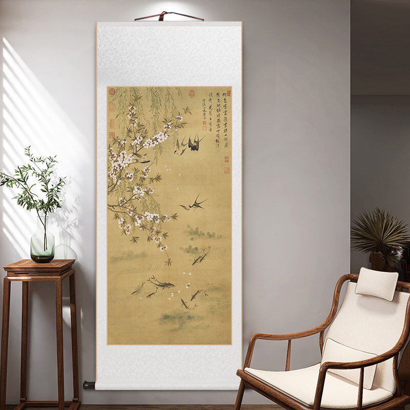 恽寿平燕喜鱼乐图中式玄关装饰画仿古立轴挂画书房茶室花鸟图壁画