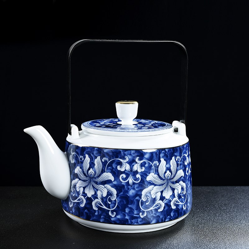 馨玉坊青花瓷提梁壶描金大茶壶釉下彩陶瓷功夫茶具配件内胆带过滤