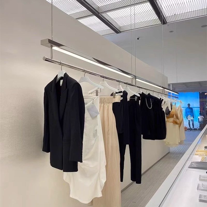 服装店不锈钢展示架带灯吊顶架橱窗陈列挂衣架专用女装店货架吊架