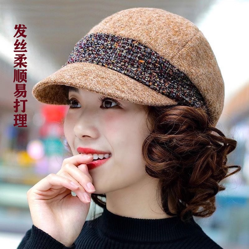 帽子假发一体秋冬女短卷发真人发丝逼真自然帽子带头发透气帽子
