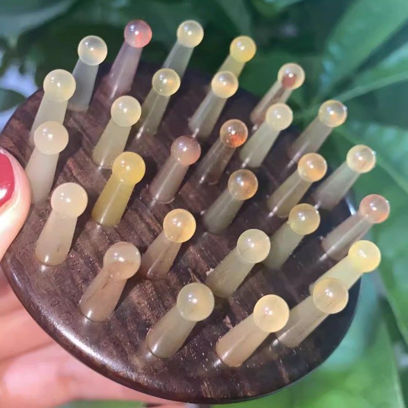 头部经络刷紫光檀羊角荷花齿61钉指环梳绿檀木脱发头疗刷肚子肩颈
