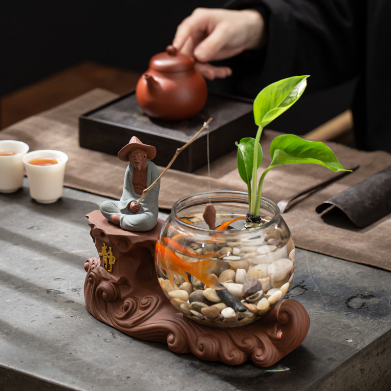 中式陶瓷姜太公钓鱼禅意人物水培植物茶盘桌面装饰品客厅花瓶摆件