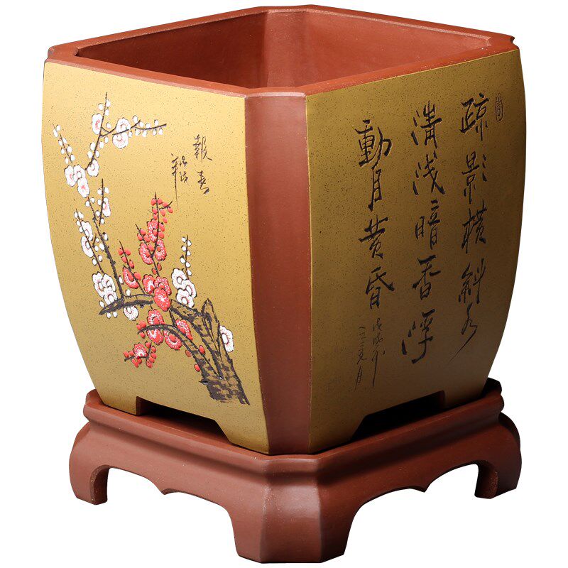 宜兴紫砂盆景花盆中等段泥正方彩绘田园庭院室内桌面园艺花卉古典