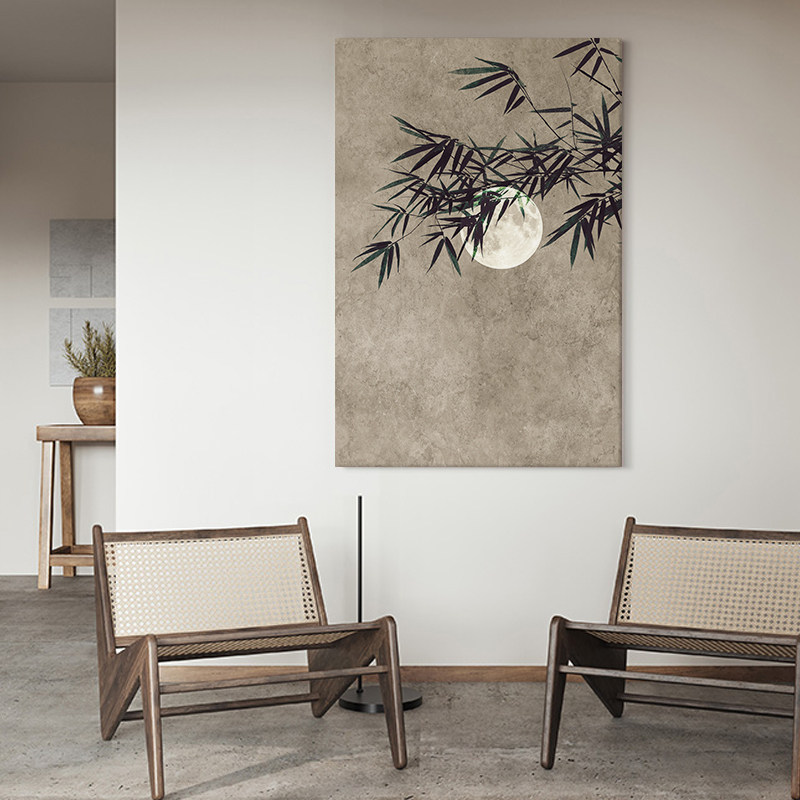 侘寂风竹子意境装饰画客厅书房风景新中式挂画极简茶室月亮无框画