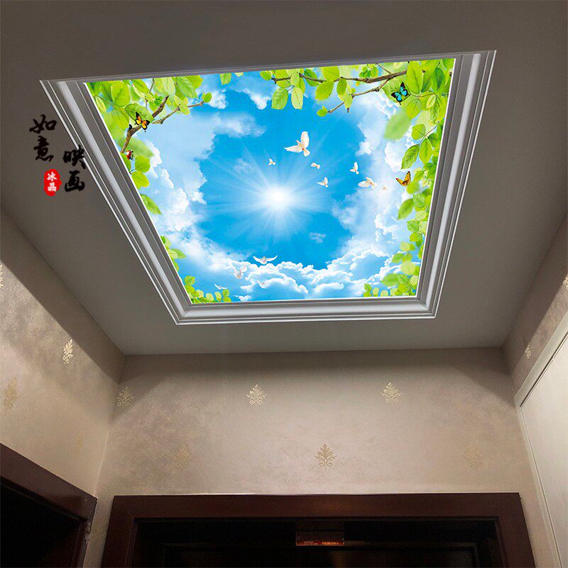 3d立体桃花风景吊顶艺术玻璃装饰过道走廊客厅简约透光玻璃天花