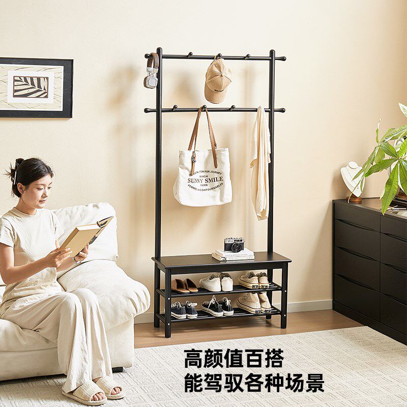 爱必居实木换鞋凳衣帽架一体门口落地鞋架挂衣架黑色多功能穿鞋凳