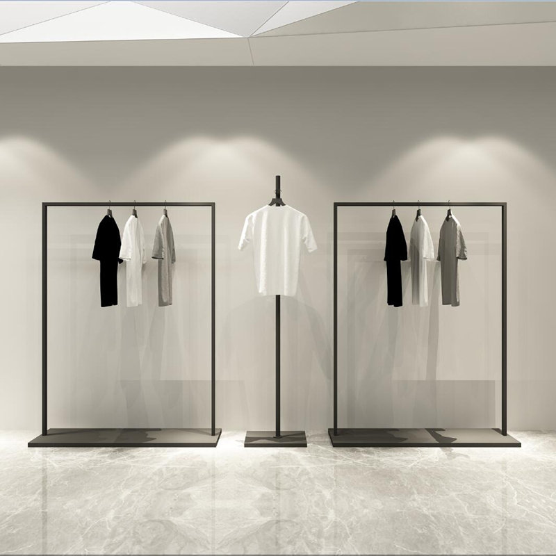 高档服装展示架带板黑色哑光创意新款落地式挂衣架网红陈列架方管