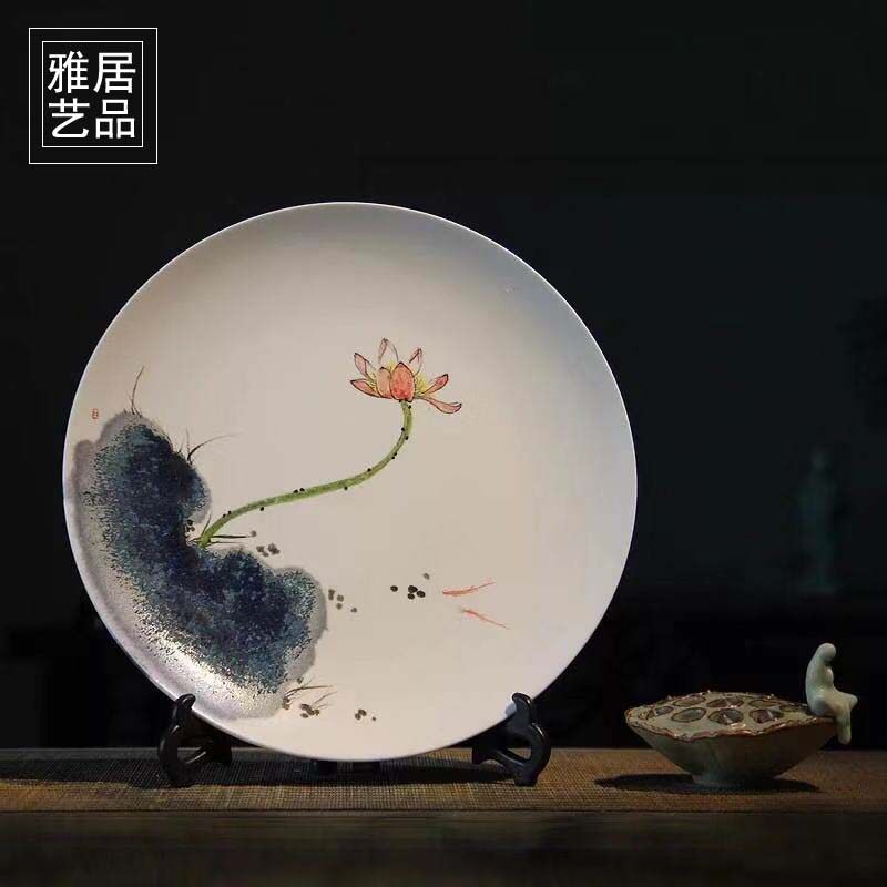 景德镇新中式手绘陶瓷装饰盘禅意莲花摆件博古架玄关客厅家居饰品