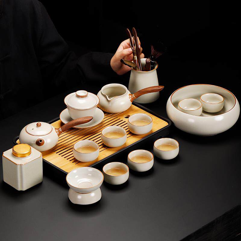 黄汝窑茶具套装侧把壶功夫茶具家用客厅茶台整套茶壶盖碗茶杯日式