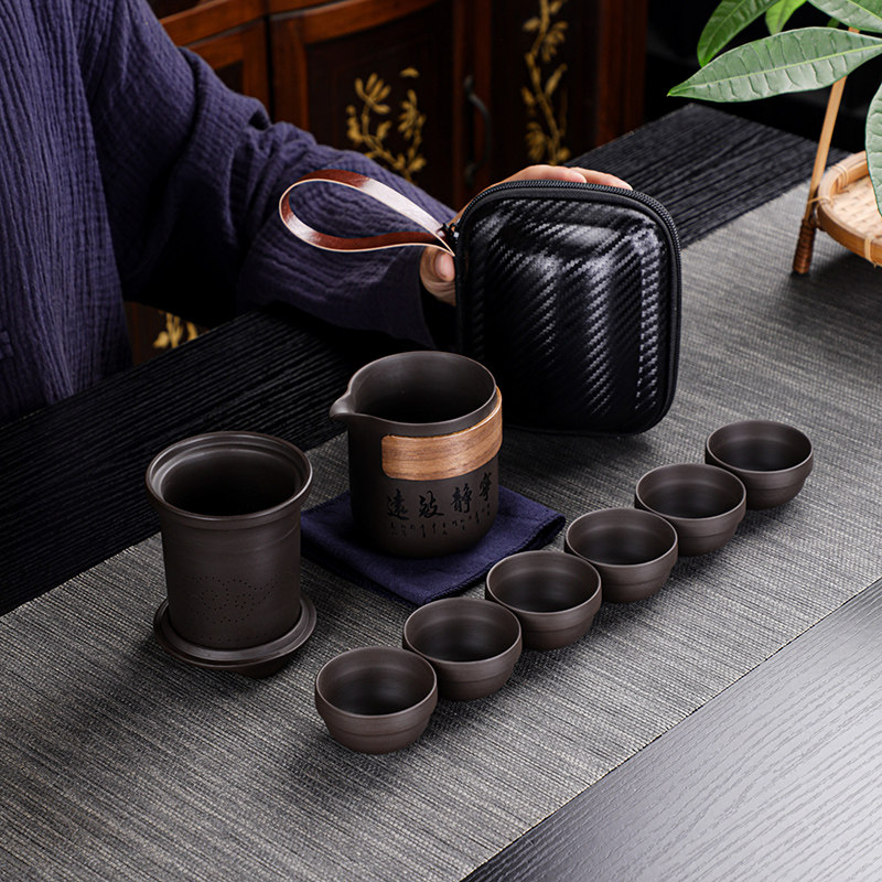 紫砂便携旅行茶具套装刻字功夫快客杯一壶六杯茶水分离茶杯定制