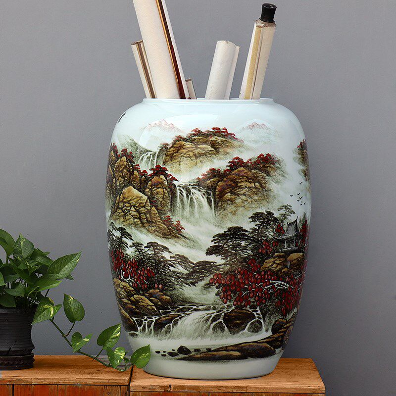 景德镇陶瓷器花瓶吴国军大师手绘冬瓜缸书房收纳书画筒卷轴缸画筒