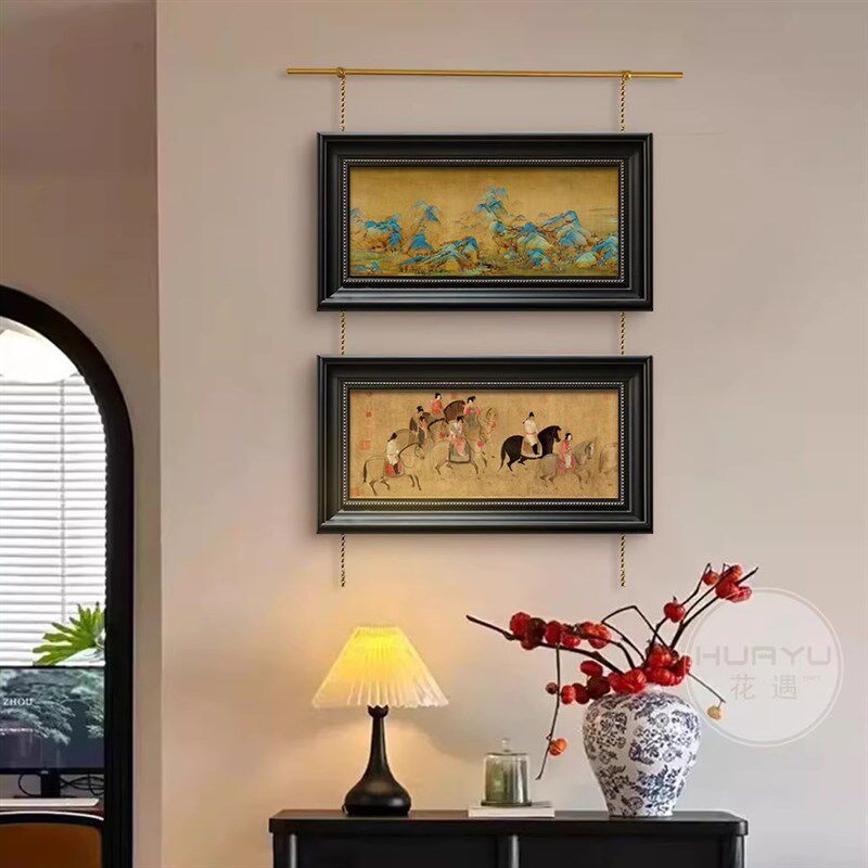 捣练图法式中国风玄关组合装饰画黄铜挂画器过道走廊轨道挂墙壁画
