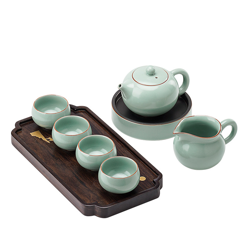 高端汝窑功夫茶具办公室小泡球陶瓷轻奢中式开片茶壶茶杯茶盘套装