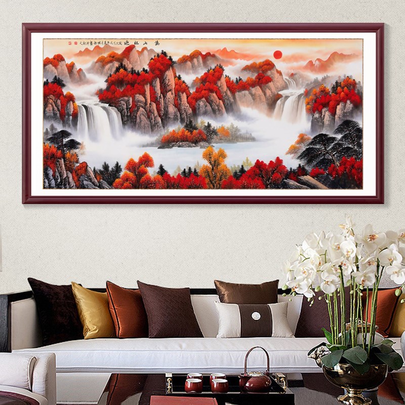 新中式客厅装饰画实木框办公室国画山水墙画书房茶楼挂画旭日东升