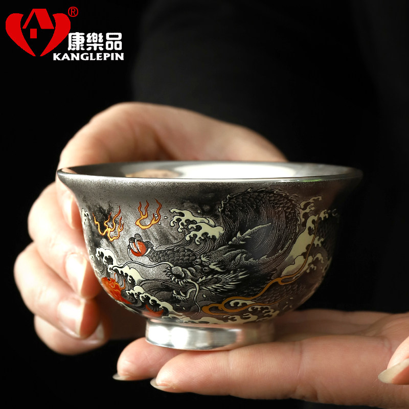 创意高档银杯子999银茶杯黑彩手工鎏银主人杯鱼化龙单杯功夫茶杯