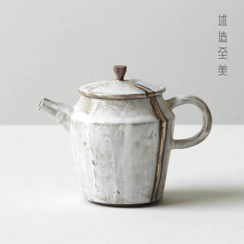 复古描金粗陶茶壶手工日式侘寂小茶壶家用陶瓷功夫茶具泡茶壶单壶