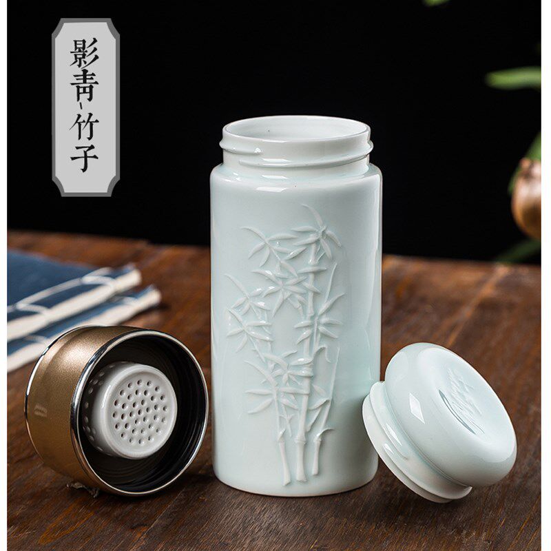 景德镇双层陶瓷茶杯套装带盖过滤水杯骨瓷会议杯子办公礼品杯直身