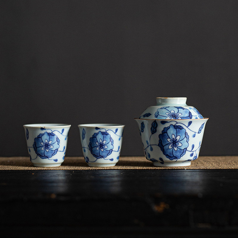 蕴华堂仿古永乐青花瓷盖碗茶杯陶瓷功夫茶具礼品小套装可定制logo