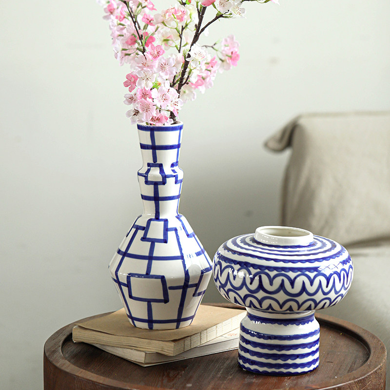 蓝色陶瓷花瓶法式中国风中古摆件家居饰品客厅玄关电视柜插花花器