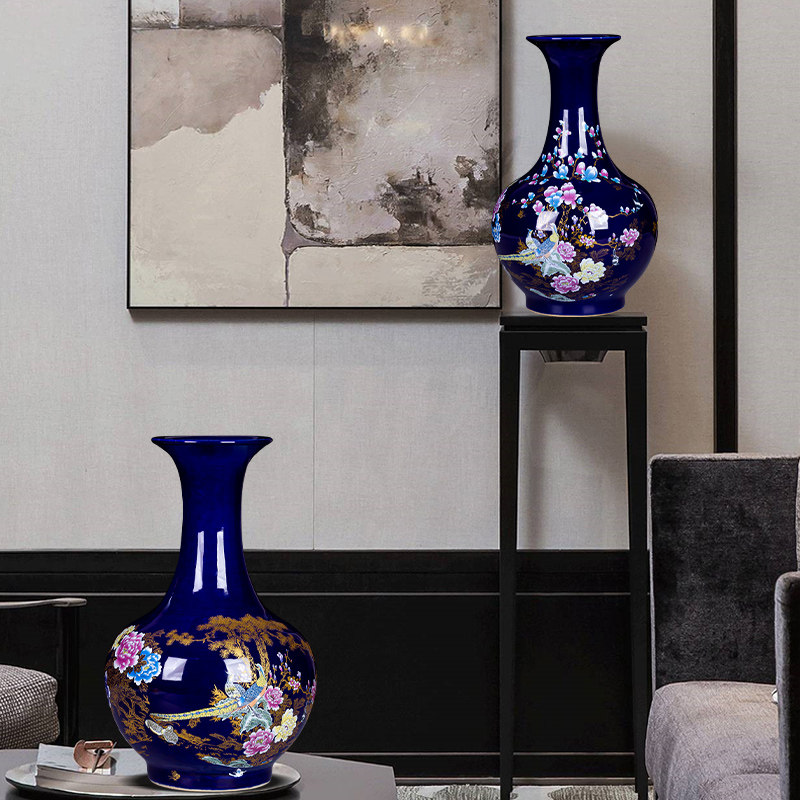 景德镇陶瓷器蓝色花瓶子瓷瓶中式家居饰品客厅插花电视柜装饰摆件
