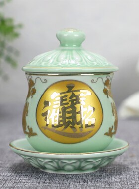 陶瓷招财进宝圣水杯 佛具摆件招财杯与黑色财神净水杯礼盒装