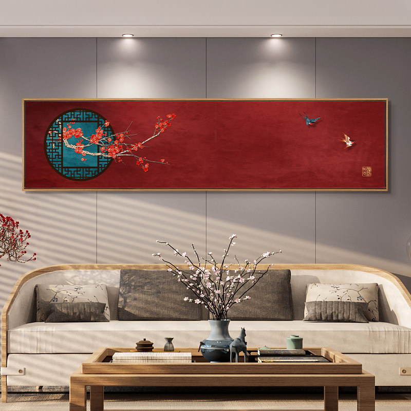 新中式客厅墙面装饰画中国风茶室背景墙挂画卧室床头花鸟横版壁画