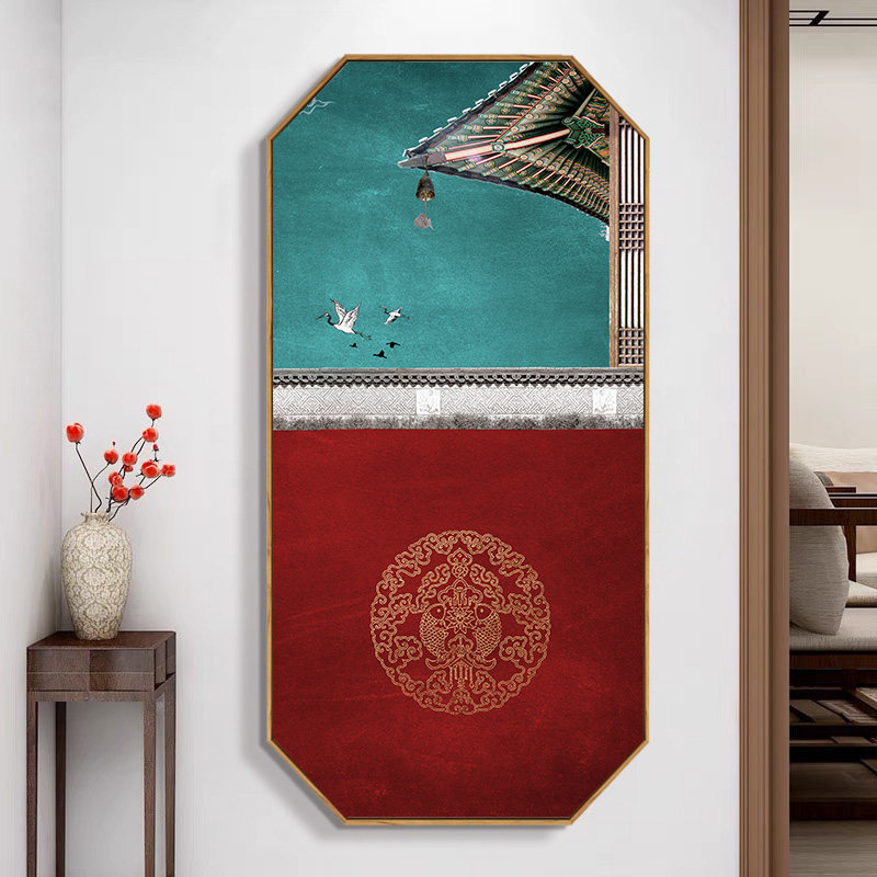 玄关装饰画中国风客厅荷花背景墙壁画中式红色墙面入户正对门挂画