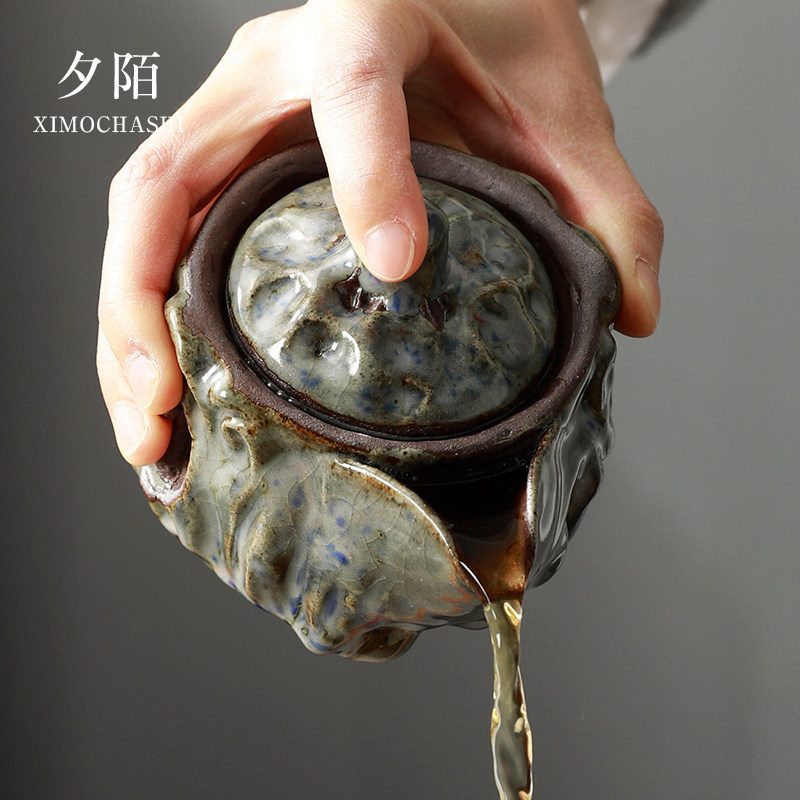 柴烧复古盖碗茶杯家用防烫单个开片泡茶壶粗陶功夫茶具志野手抓壶