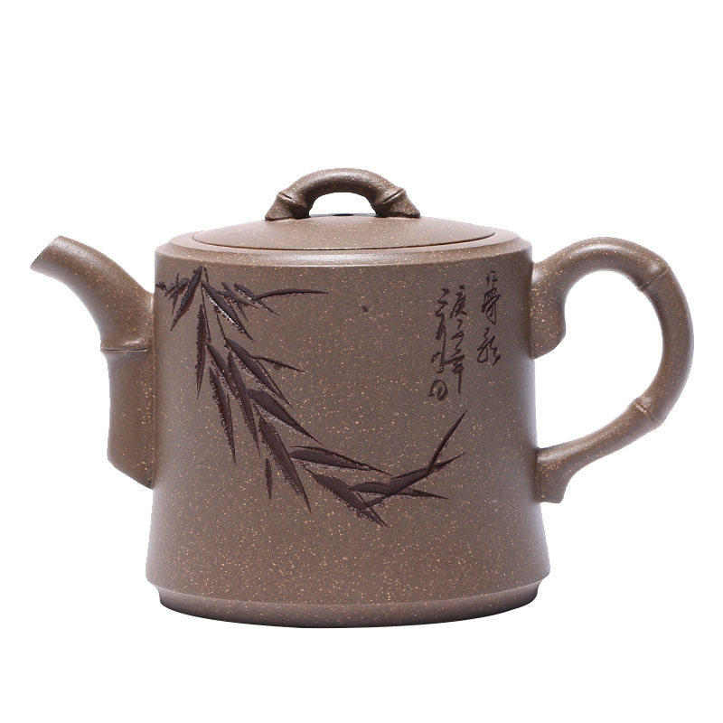 宜兴紫砂壶原矿段泥竹节壶功夫茶具纯手工刻绘竹叶高身大壶口茶壶