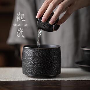 观岚古黑鎏银茶洗建水陶瓷复古手工跳刀杯洗直身水盂茶渣水缸中式
