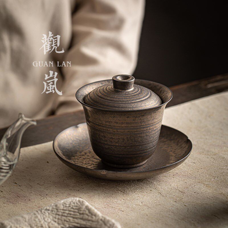 观岚鎏金铁锈釉粗陶三才盖碗手工陶瓷手抓茶杯防烫功夫茶具泡茶器