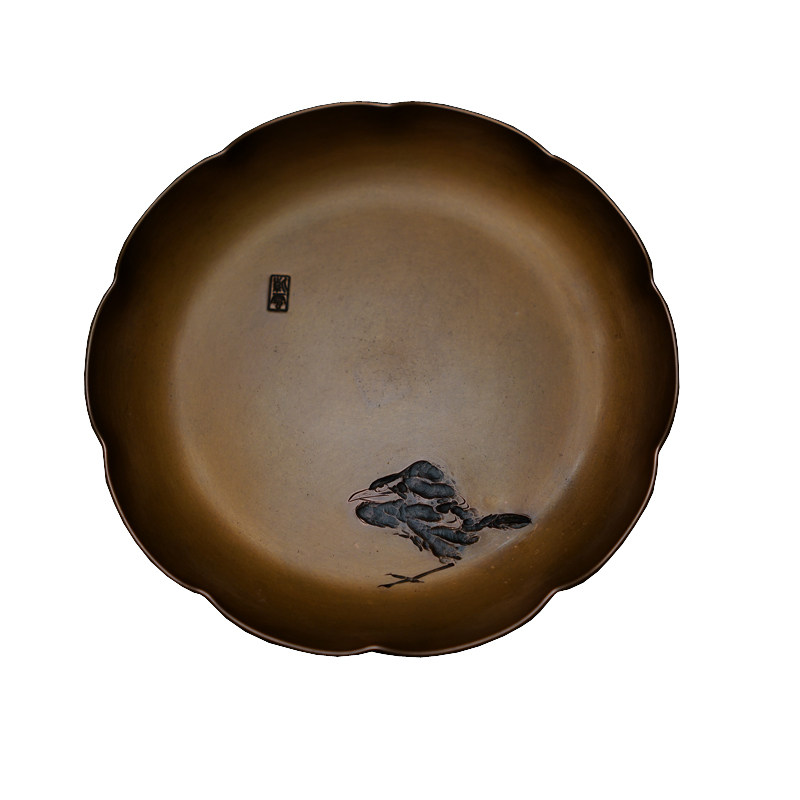 铜契刻绘八大鸟花口壶承紫铜壶托铜盘干泡盘茶盘茶道手工制作包邮
