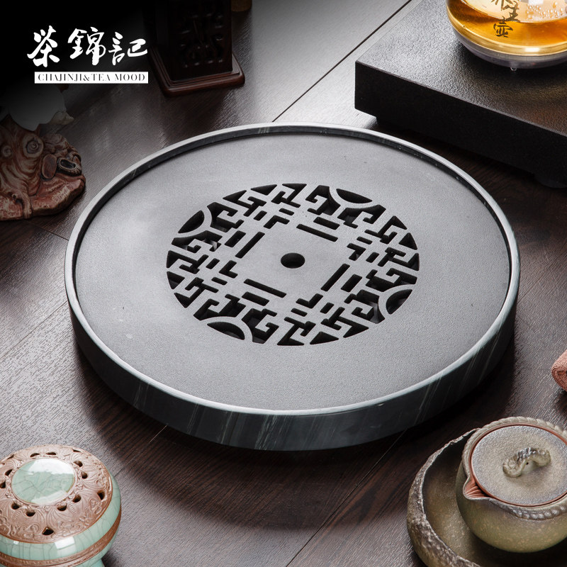 茶锦记干泡台家用茶具托盘简约黑金石茶海储水式功夫乌金石茶盘
