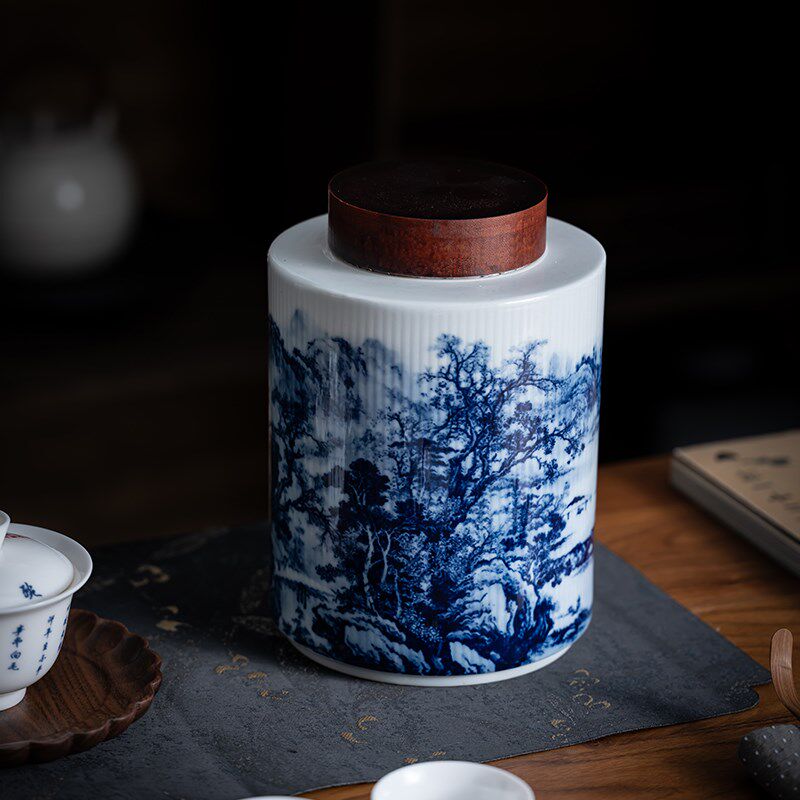 中式仿古茶叶罐陶瓷青花普洱白茶密封罐高档布袋礼盒装绿茶龙井茶