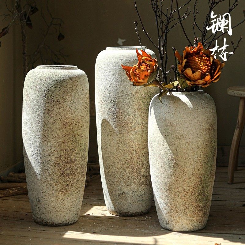 落地大花瓶复古粗陶侘寂风陶瓷摆件名宿客厅插花器高款陶罐装饰