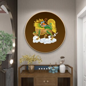 四大神兽麒麟献瑞装饰画玄关竖版招财挂画客厅老房子壁画麒麟送子