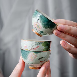 哥窑冰片釉手绘荷花蛋杯品茗杯开片陶瓷功夫茶具釉下彩主人杯套装
