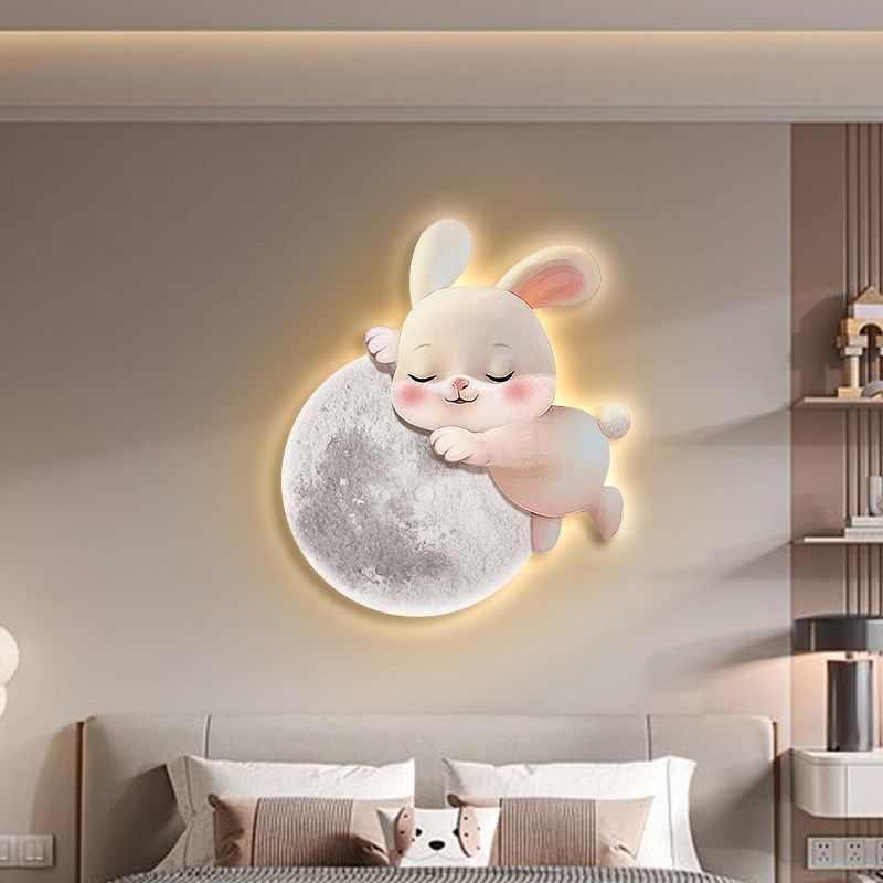 儿童房装饰画发光灯画女孩卧室房间床头挂画玉兔创意萌宠卡通壁画