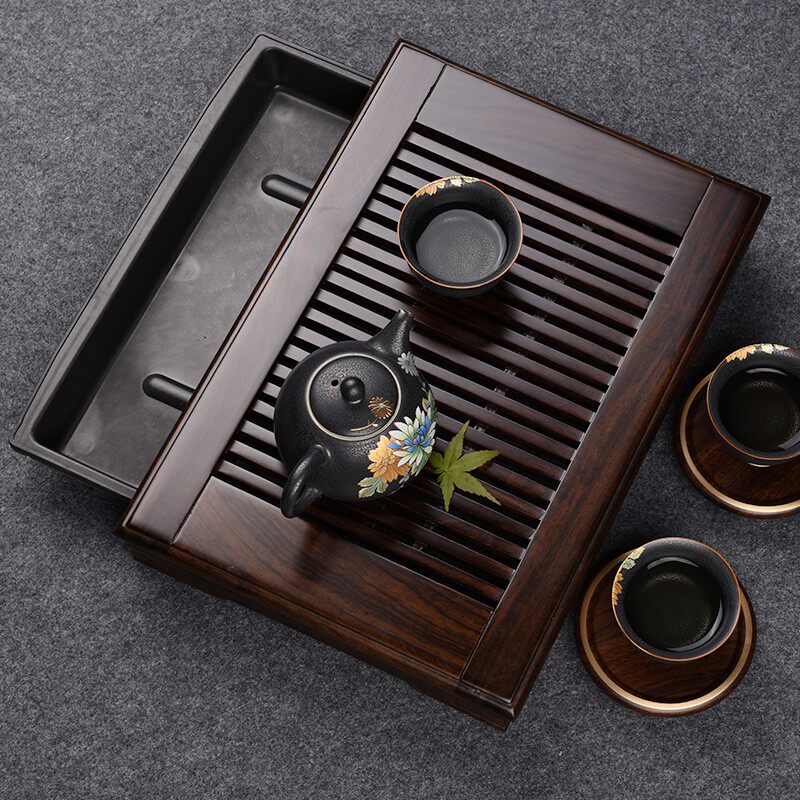 从简抽屉实木茶盘黑檀木鸡翅木功夫茶具家用简约小茶台茶海茶道