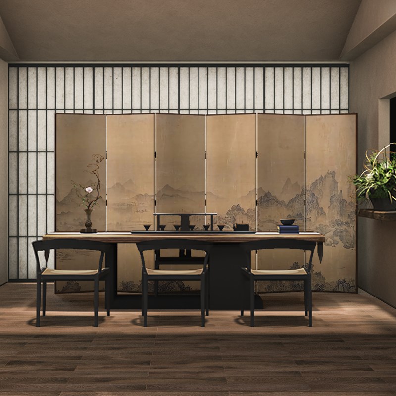 中式新古典风格折叠屏风 可移动背景墙客厅用山水画木质屏风