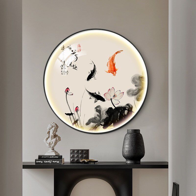 玄关装饰画九鱼图招财创意挂画新中式餐厅墙面装饰壁画圆形带定做