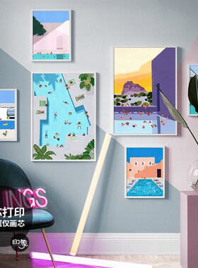 北欧风建筑泳池插画装饰画芯客厅卧室餐厅咖啡馆民宿小众挂画芯