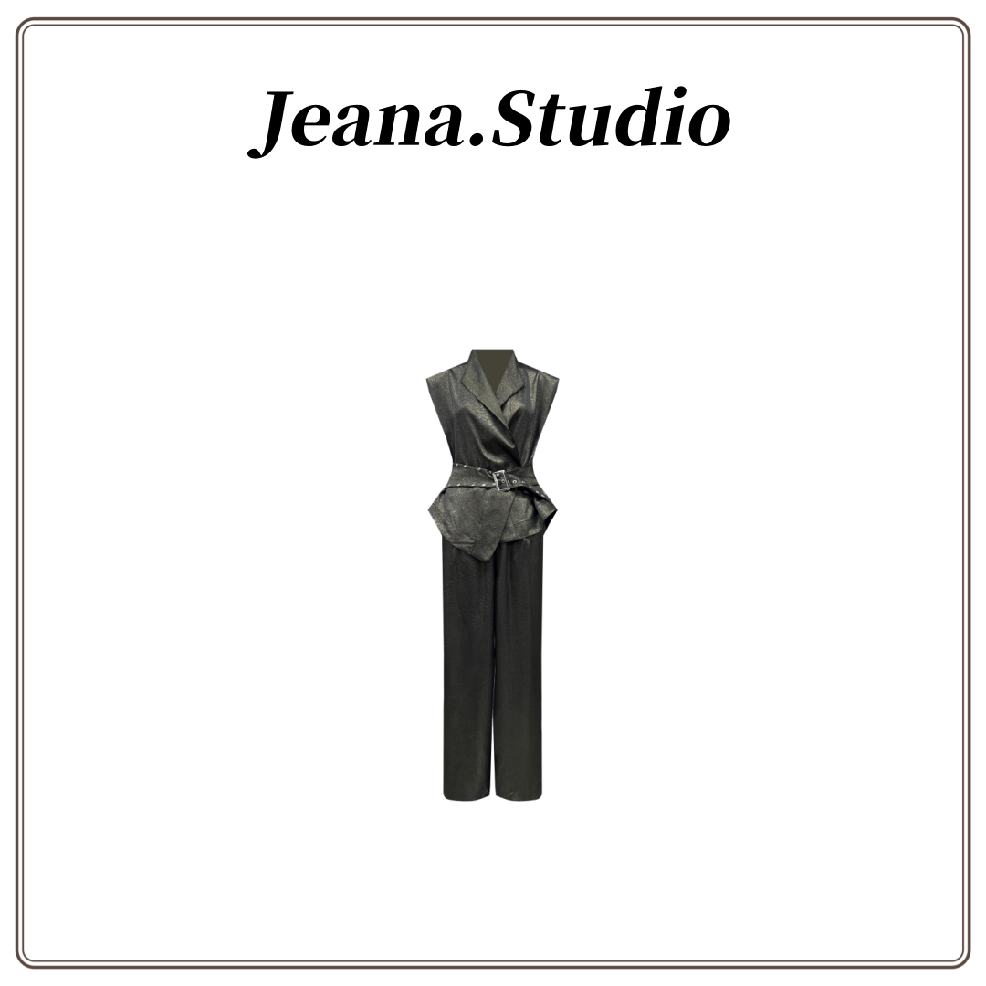 【Jeana.studio】原创设计收腰丝滑无袖垫肩马甲裤子套装8823