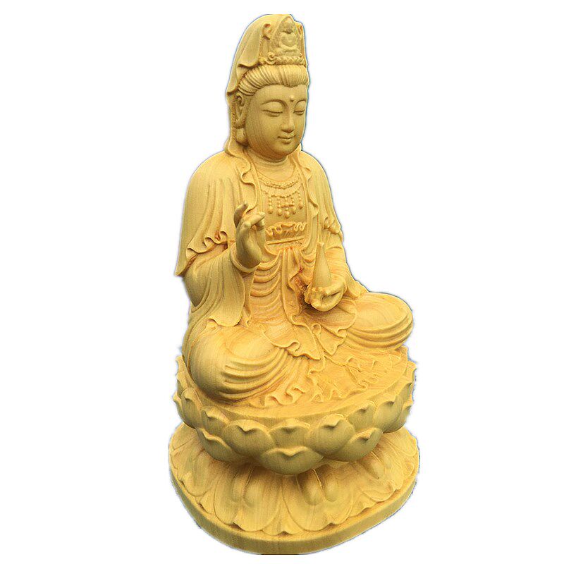 小号观音木雕汽车摆件旅行随身供奉黄杨木雕刻净瓶坐莲花佛像包邮