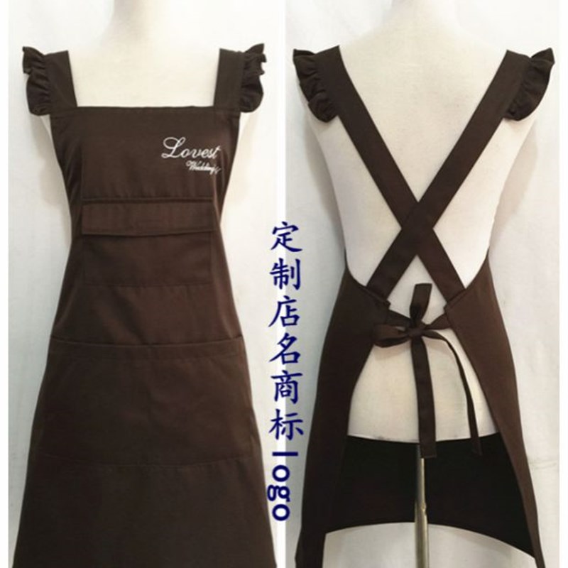 涤棉时尚多口袋花边美容美甲化妆影楼工装围裙定制商标绣logo围腰
